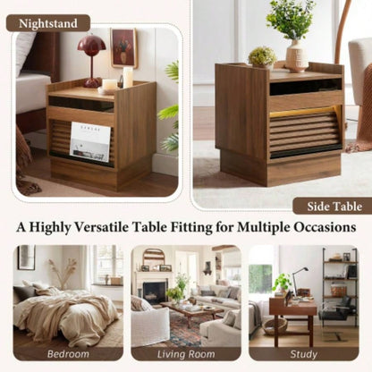 Mid Modern Nightstand with Charging Station and LED lights, Night Stand with 2 Drawers, Bedside Tables/End Table Bedroom or Living Room, Brown