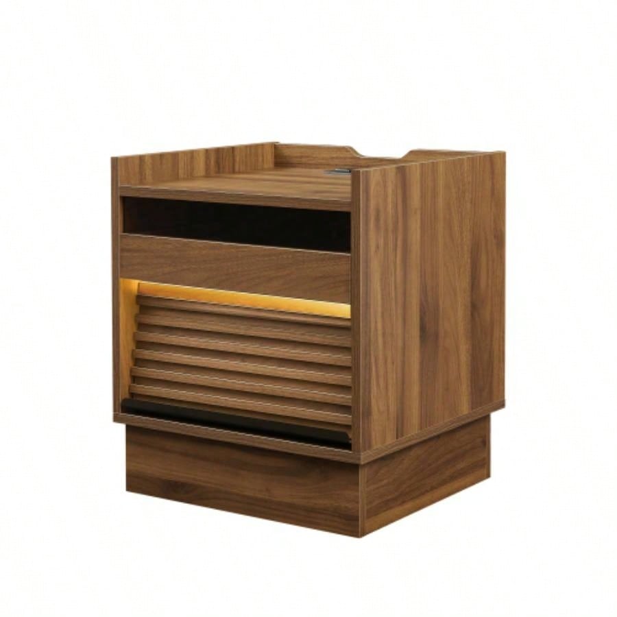 Mid Modern Nightstand with Charging Station and LED lights, Night Stand with 2 Drawers, Bedside Tables/End Table Bedroom or Living Room, Brown
