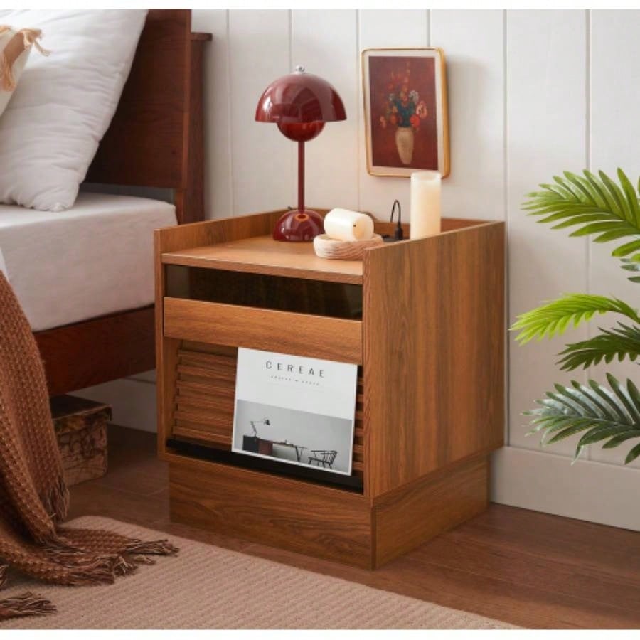 Mid Modern Nightstand with Charging Station and LED lights, Night Stand with 2 Drawers, Bedside Tables/End Table Bedroom or Living Room, Brown