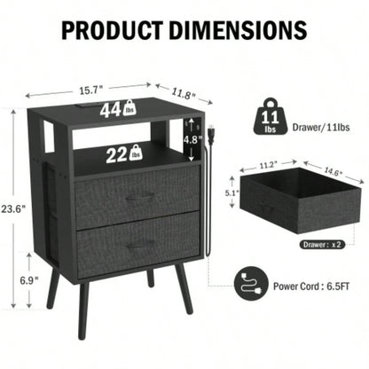 2 Pack Modern Nightstand with Charging Station, Bedside Tables with LED Light and Fabric Drawers