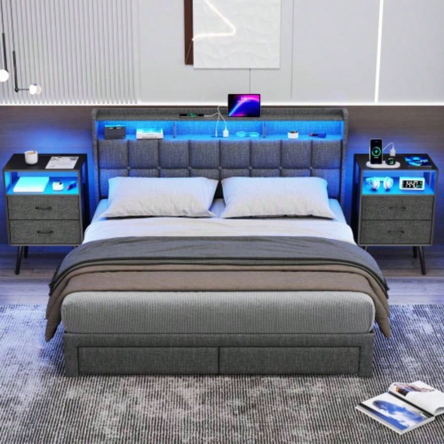 2 Pack Modern Nightstand with Charging Station, Bedside Tables with LED Light and Fabric Drawers