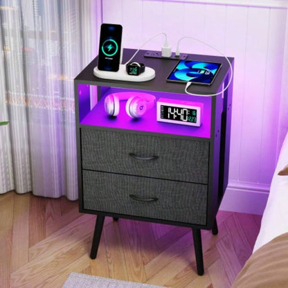 2 Pack Modern Nightstand with Charging Station, Bedside Tables with LED Light and Fabric Drawers