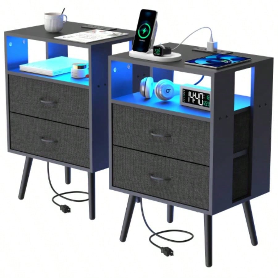 2 Pack Modern Nightstand with Charging Station, Bedside Tables with LED Light and Fabric Drawers