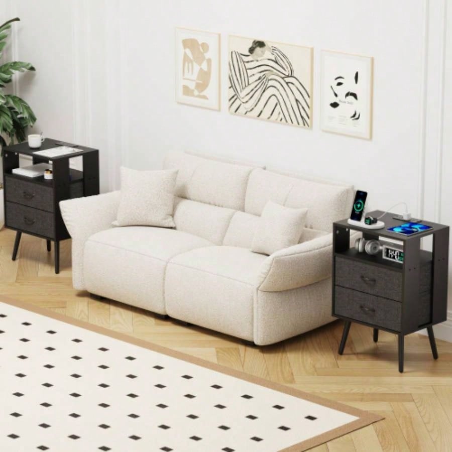 2 Pack Modern Nightstand with Charging Station, Bedside Tables with LED Light and Fabric Drawers