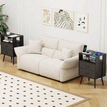 2 Pack Modern Nightstand with Charging Station, Bedside Tables with LED Light and Fabric Drawers