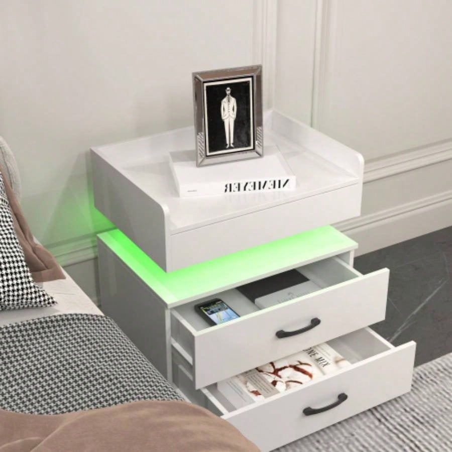 1 Set Nightstand with Adjustable LED Strip Light, 2 - drawers, Large Storage Space, Suitable Bedside Table, Coffee Table, Sofa Side Table or End Table Study Desk