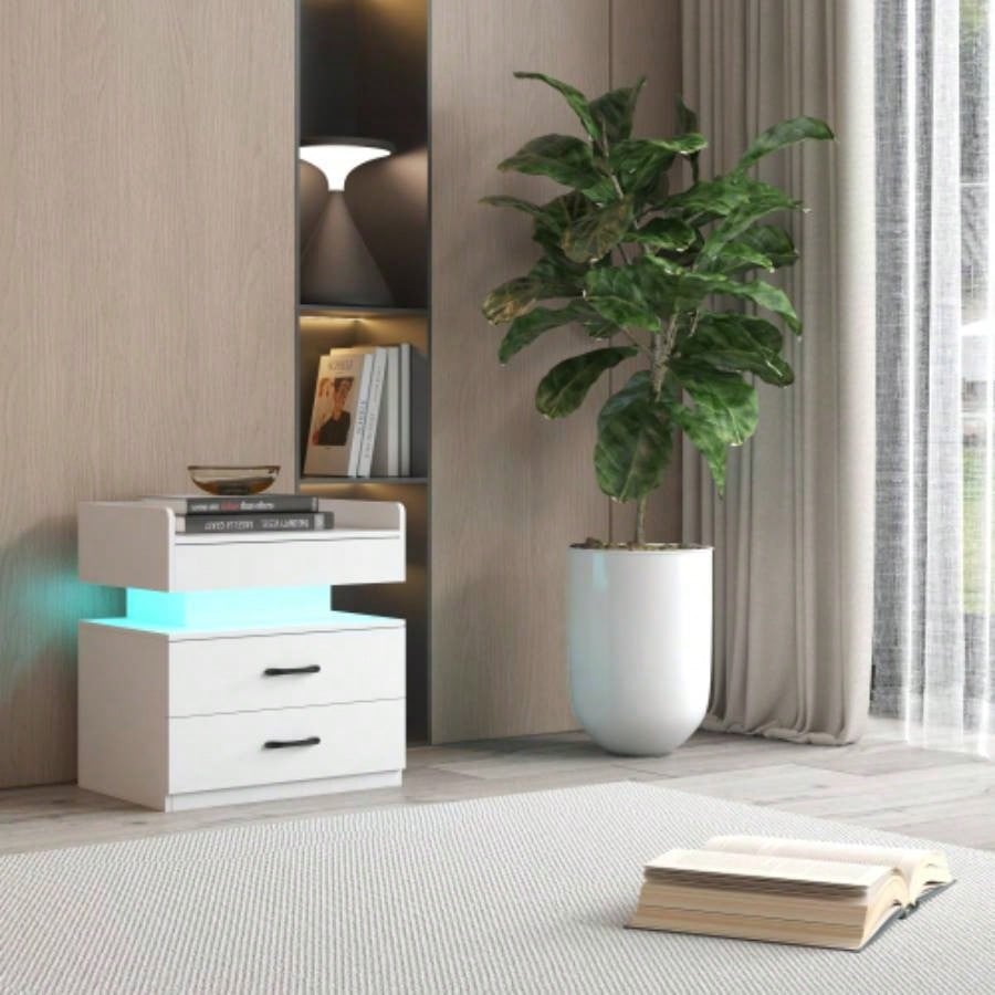 1 Set Nightstand with Adjustable LED Strip Light, 2 - drawers, Large Storage Space, Suitable Bedside Table, Coffee Table, Sofa Side Table or End Table Study Desk
