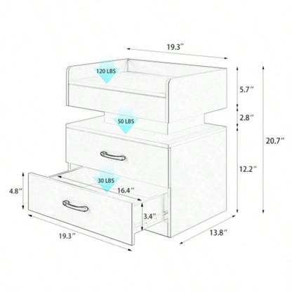 1 Set Nightstand with Adjustable LED Strip Light, 2 - drawers, Large Storage Space, Suitable Bedside Table, Coffee Table, Sofa Side Table or End Table Study Desk