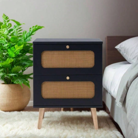 2 - drawer Rattan Nightstand Bedroom and Living Room, End Table, Side Table with 2 Hand Made Rattan Decorated Drawers