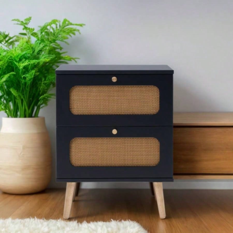 2 - drawer Rattan Nightstand Bedroom and Living Room, End Table, Side Table with 2 Hand Made Rattan Decorated Drawers
