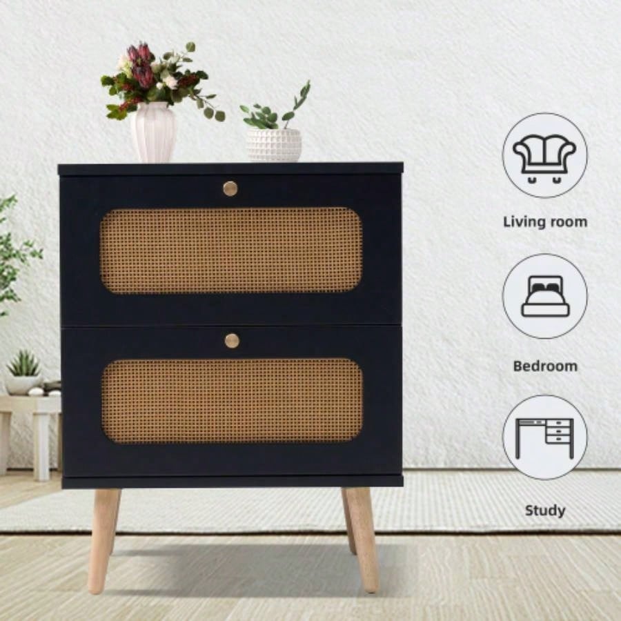 2 - drawer Rattan Nightstand Bedroom and Living Room, End Table, Side Table with 2 Hand Made Rattan Decorated Drawers