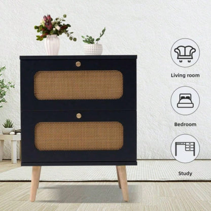 2 - drawer Rattan Nightstand Bedroom and Living Room, End Table, Side Table with 2 Hand Made Rattan Decorated Drawers