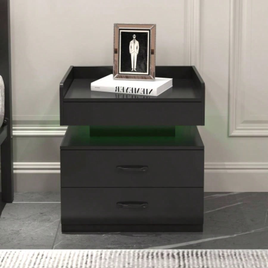 1 Set Nightstand with Adjustable LED Strip Light, 2 - drawers, Large Storage Space, Suitable Bedside Table, Coffee Table, Sofa Side Table or End Table Study Desk