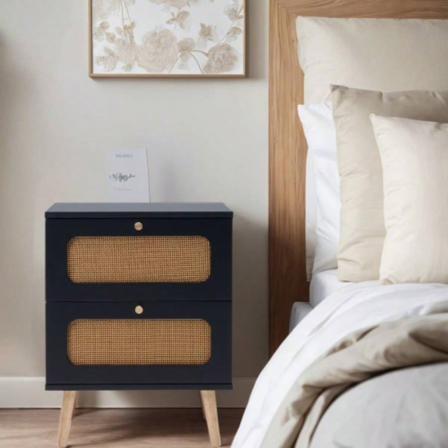 2 - drawer Rattan Nightstand Bedroom and Living Room, End Table, Side Table with 2 Hand Made Rattan Decorated Drawers