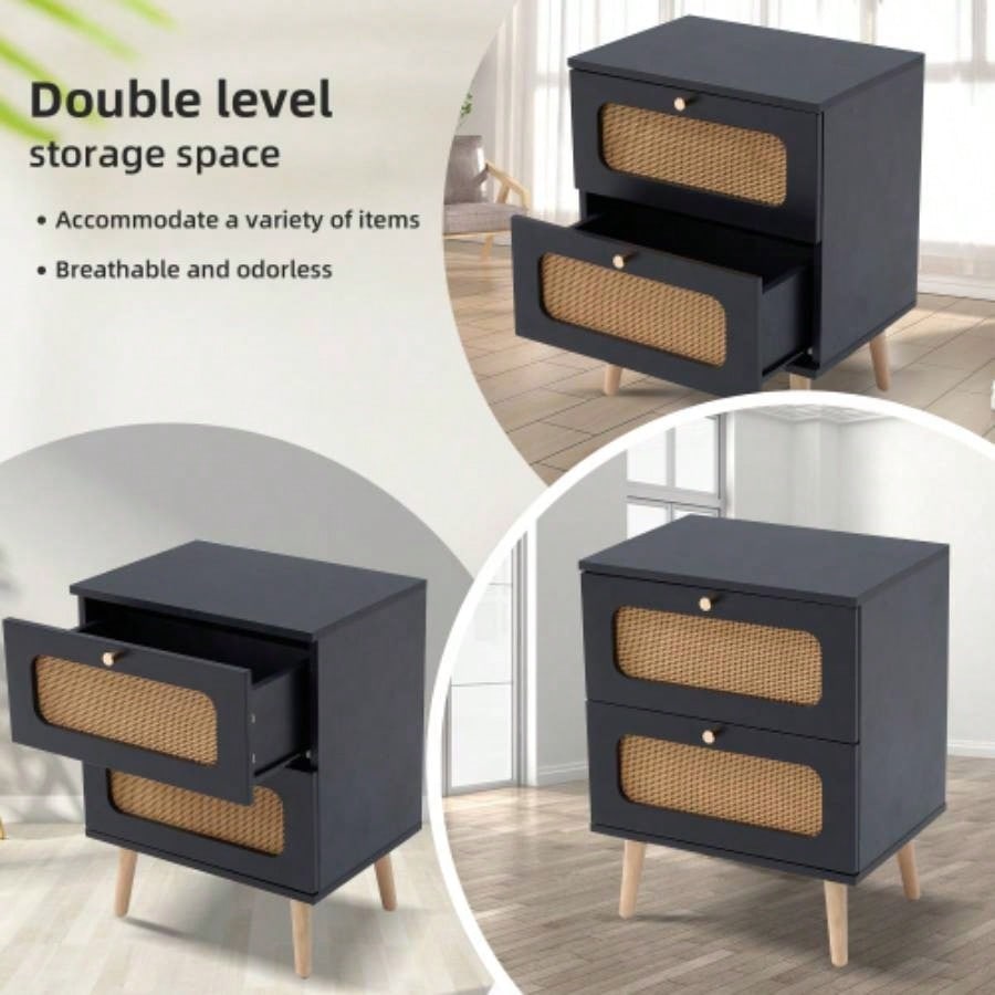 2 - drawer Rattan Nightstand Bedroom and Living Room, End Table, Side Table with 2 Hand Made Rattan Decorated Drawers