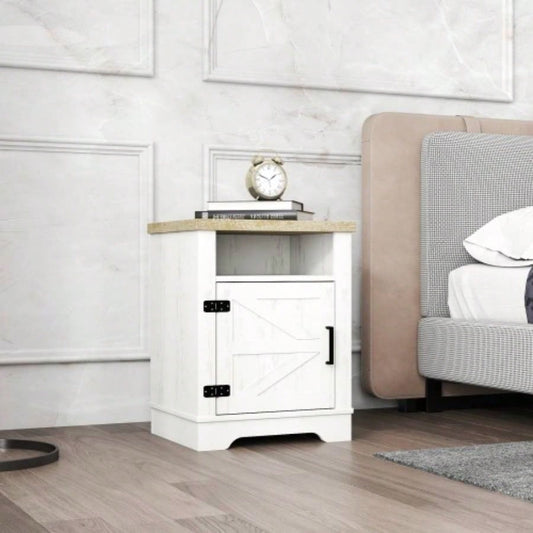 Farmhouse Nightstand, Beside Table with Barn Door, Modern End Side Table with Storage Bedroom, Office