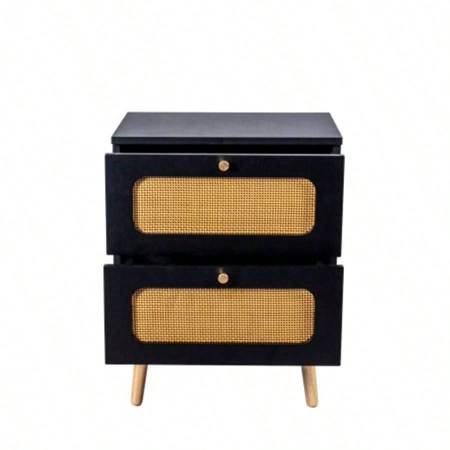 2 - drawer Rattan Nightstand Bedroom and Living Room, End Table, Side Table with 2 Hand Made Rattan Decorated Drawers