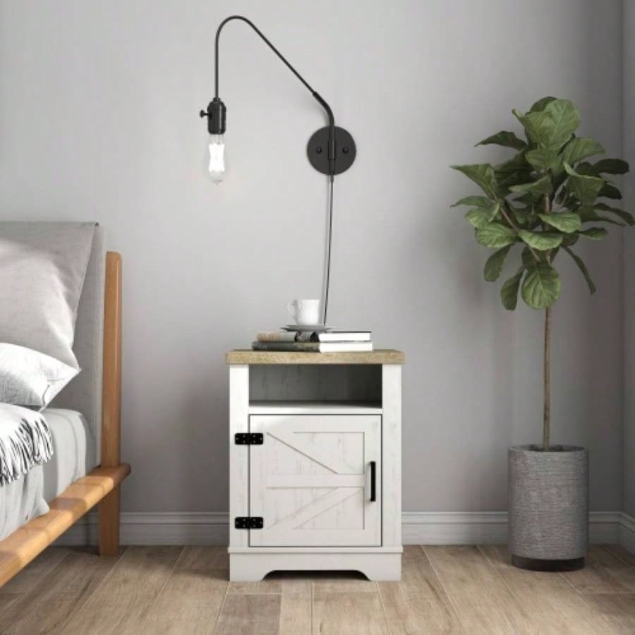 Farmhouse Nightstand, Beside Table with Barn Door, Modern End Side Table with Storage Bedroom, Office