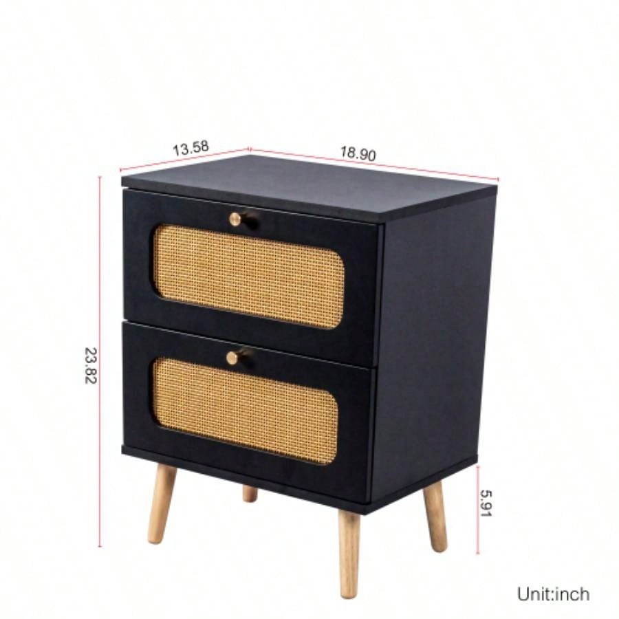 2 - drawer Rattan Nightstand Bedroom and Living Room, End Table, Side Table with 2 Hand Made Rattan Decorated Drawers