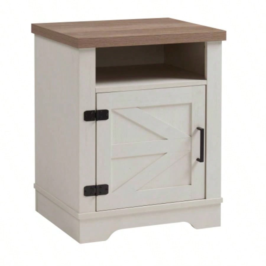 Farmhouse Nightstand, Beside Table with Barn Door, Modern End Side Table with Storage Bedroom, Office