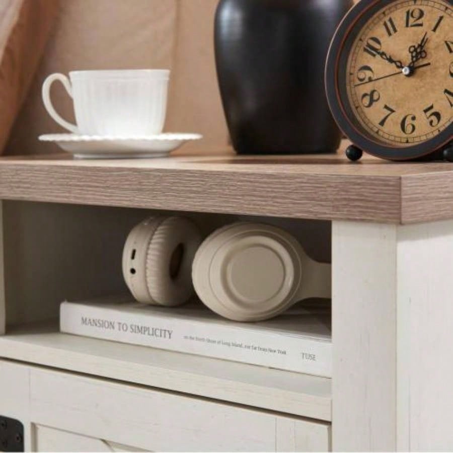 Farmhouse Nightstand, Beside Table with Barn Door, Modern End Side Table with Storage Bedroom, Office