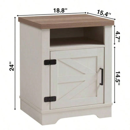 Farmhouse Nightstand, Beside Table with Barn Door, Modern End Side Table with Storage Bedroom, Office