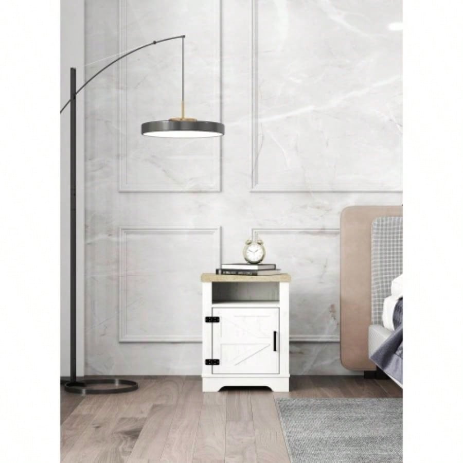 Farmhouse Nightstand, Beside Table with Barn Door, Modern End Side Table with Storage Bedroom, Office