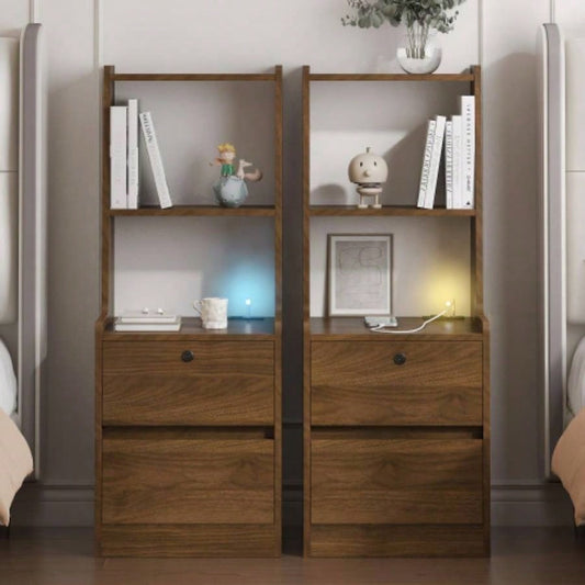 Nightstand with Charging Station, Nightstand with Night Light, Modern Night Stand with Bookshelf, Bedside Tables with Storage Cabinet Bedroom, Black