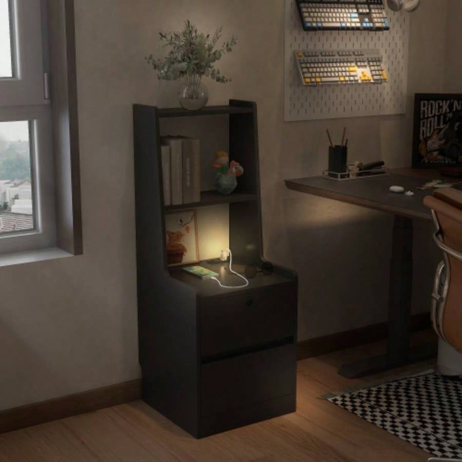 Nightstand with Charging Station, Nightstand with Night Light, Modern Night Stand with Bookshelf, Bedside Tables with Storage Cabinet Bedroom, Black