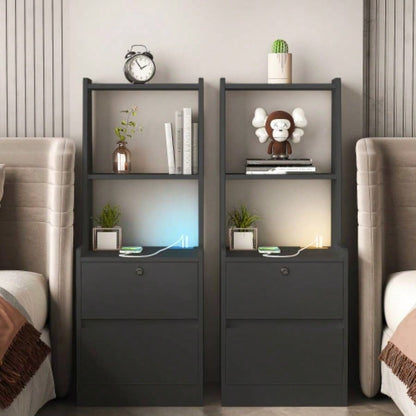 Nightstand with Charging Station, Nightstand with Night Light, Modern Night Stand with Bookshelf, Bedside Tables with Storage Cabinet Bedroom, Black
