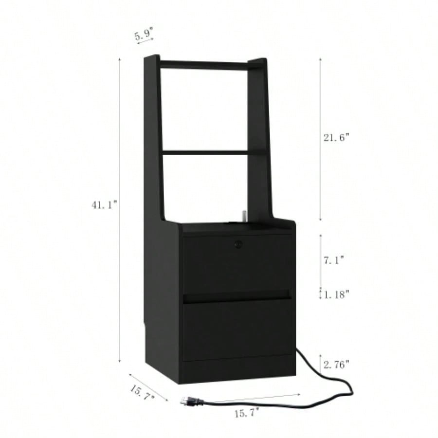 Nightstand with Charging Station, Nightstand with Night Light, Modern Night Stand with Bookshelf, Bedside Tables with Storage Cabinet Bedroom, Black