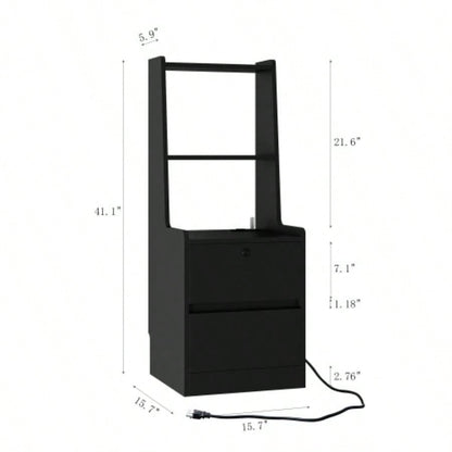 Nightstand with Charging Station, Nightstand with Night Light, Modern Night Stand with Bookshelf, Bedside Tables with Storage Cabinet Bedroom, Black