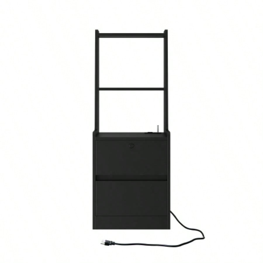 Nightstand with Charging Station, Nightstand with Night Light, Modern Night Stand with Bookshelf, Bedside Tables with Storage Cabinet Bedroom, Black