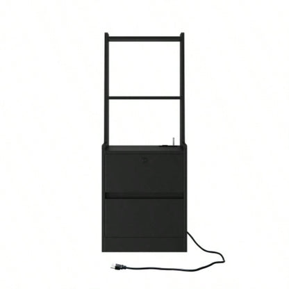 Nightstand with Charging Station, Nightstand with Night Light, Modern Night Stand with Bookshelf, Bedside Tables with Storage Cabinet Bedroom, Black