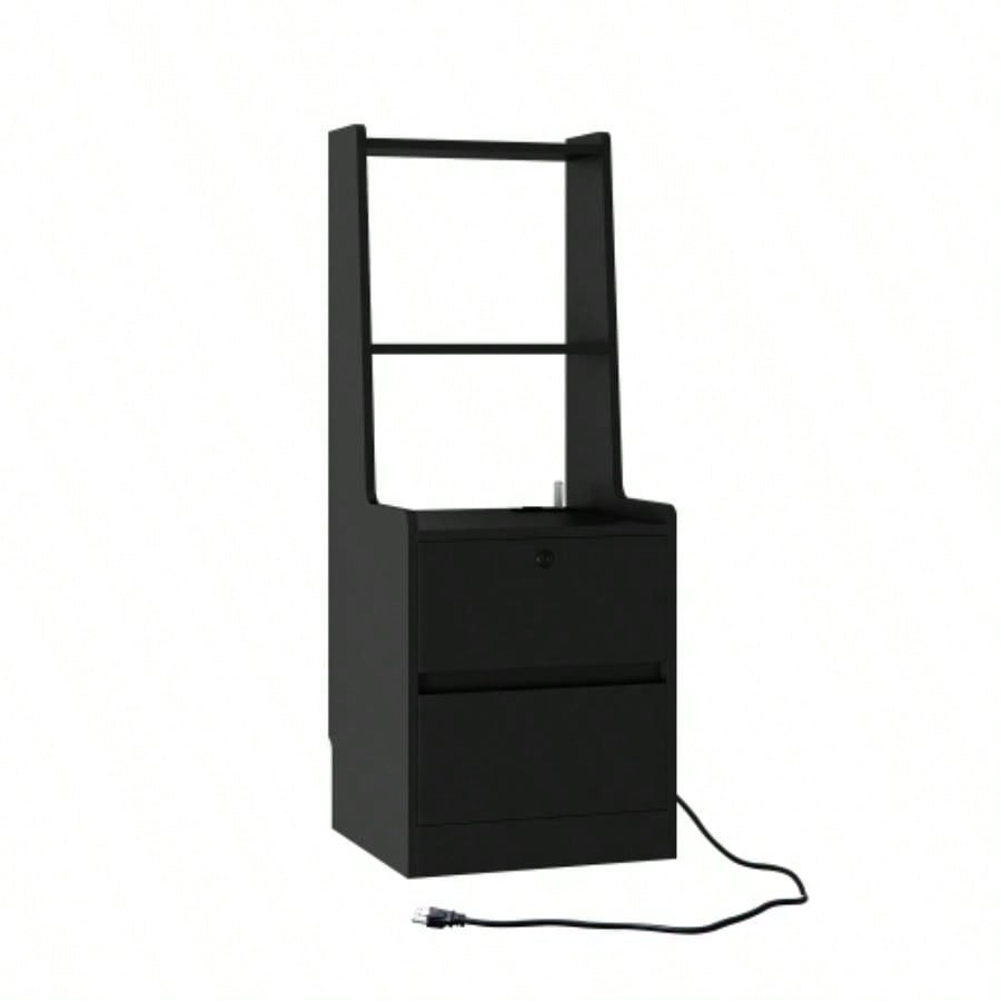 Nightstand with Charging Station, Nightstand with Night Light, Modern Night Stand with Bookshelf, Bedside Tables with Storage Cabinet Bedroom, Black
