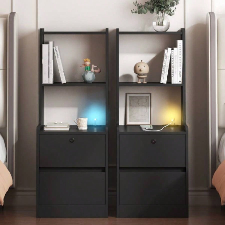 Nightstand with Charging Station, Nightstand with Night Light, Modern Night Stand with Bookshelf, Bedside Tables with Storage Cabinet Bedroom, Black
