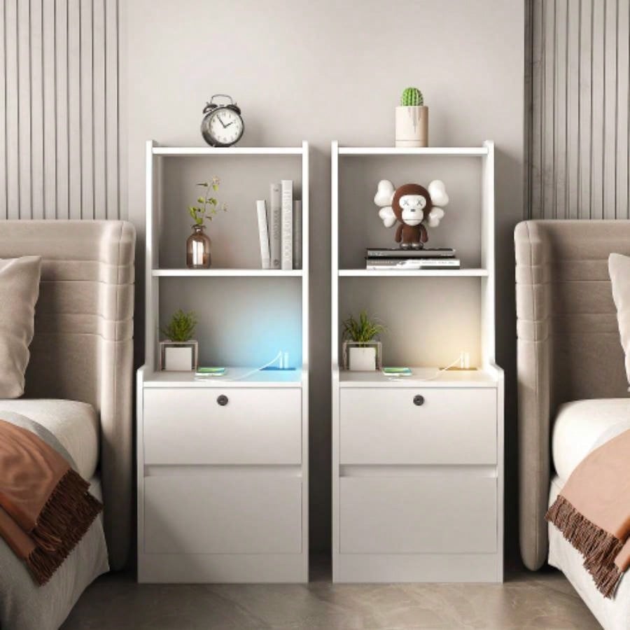 Nightstand with Charging Station, Nightstand with Night Light, Modern Night Stand with Bookshelf, Bedside Tables with Storage Cabinet Bedroom, Black