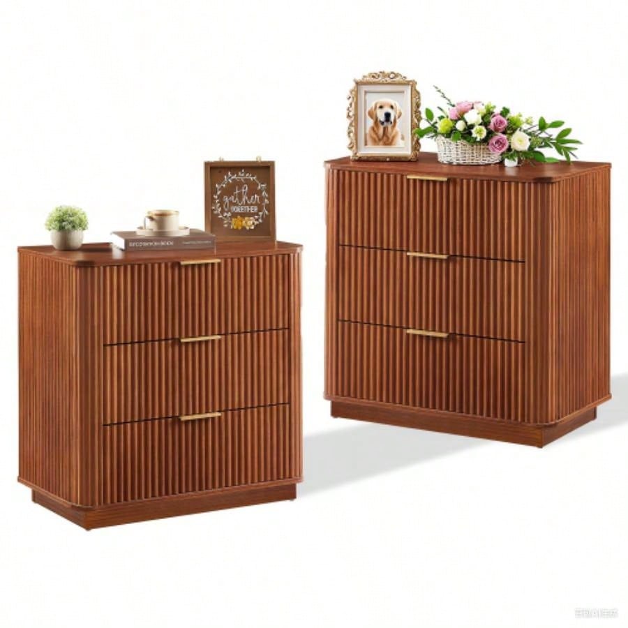 3 Drawers Drasser 2PCS, 27.6 Wide Modern Chest of Drawers Curved wave Design, Nightstand, Wood Drawer Organizer Bedroom, Living Room, Hallway, Walnut, 27.6x 15.8Dx 27.4H.
