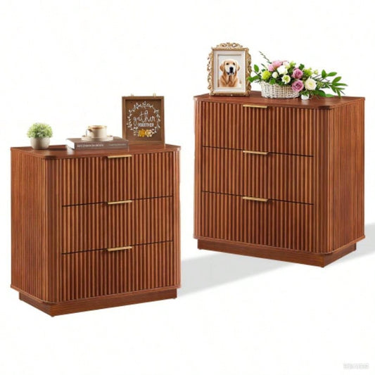 3 Drawers Drasser 2PCS, 27.6 Wide Modern Chest of Drawers Curved wave Design, Nightstand, Wood Drawer Organizer Bedroom, Living Room, Hallway, Walnut, 27.6x 15.8Dx 27.4H.