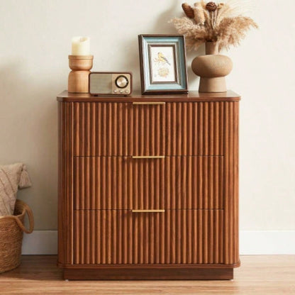 3 Drawers Drasser 2PCS, 27.6 Wide Modern Chest of Drawers Curved wave Design, Nightstand, Wood Drawer Organizer Bedroom, Living Room, Hallway, Walnut, 27.6x 15.8Dx 27.4H.