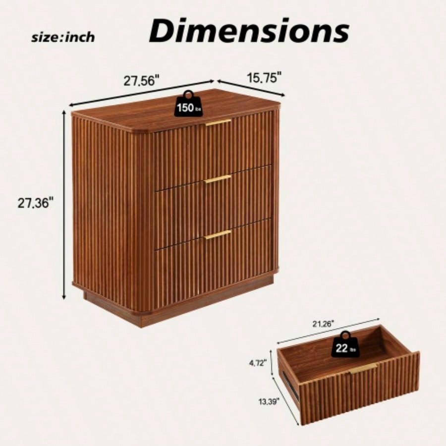 3 Drawers Drasser 2PCS, 27.6 Wide Modern Chest of Drawers Curved wave Design, Nightstand, Wood Drawer Organizer Bedroom, Living Room, Hallway, Walnut, 27.6x 15.8Dx 27.4H.