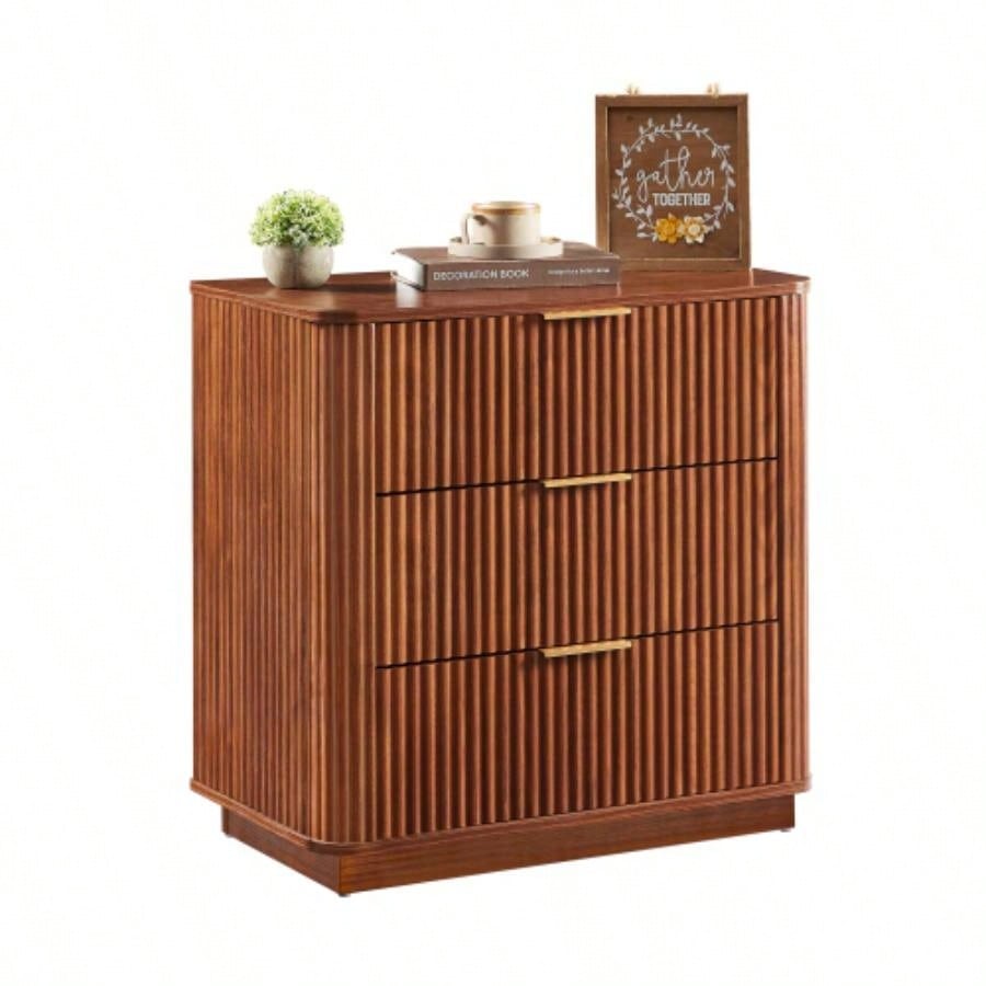 3 Drawers Drasser 2PCS, 27.6 Wide Modern Chest of Drawers Curved wave Design, Nightstand, Wood Drawer Organizer Bedroom, Living Room, Hallway, Walnut, 27.6x 15.8Dx 27.4H.