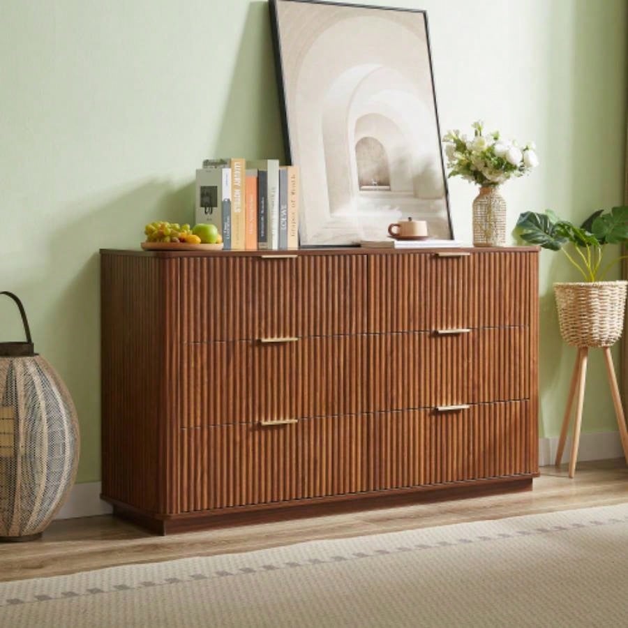 3 Drawers Drasser 2PCS, 27.6 Wide Modern Chest of Drawers Curved wave Design, Nightstand, Wood Drawer Organizer Bedroom, Living Room, Hallway, Walnut, 27.6x 15.8Dx 27.4H.