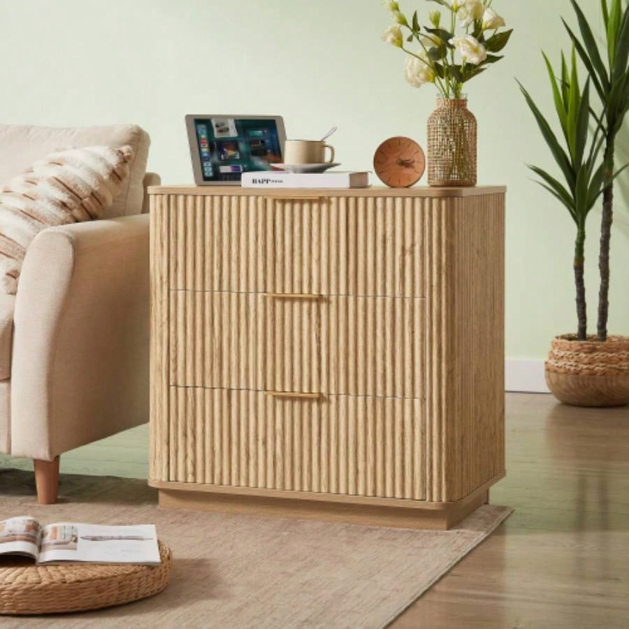 3 Drawers Drasser 2PCS, 27.6 Wide Modern Chest of Drawers Curved wave Design, Nightstand, Wood Drawer Organizer Bedroom, Living Room, Hallway, Walnut, 27.6x 15.8Dx 27.4H.