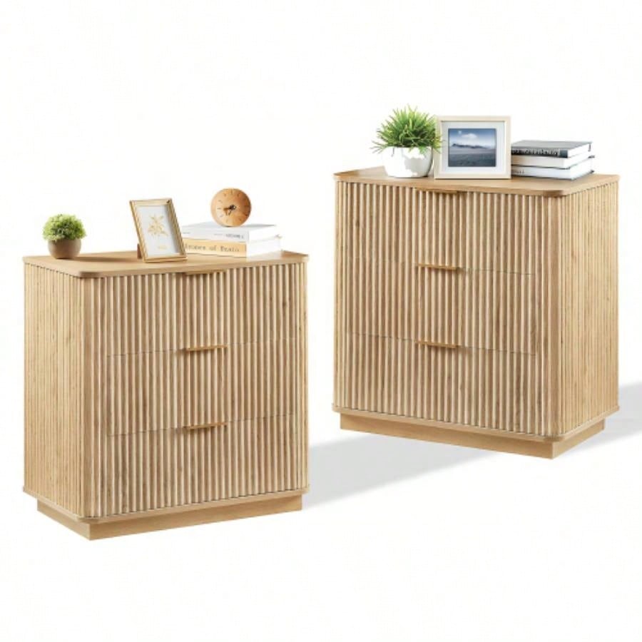 3 Drawers Drasser 2PCS, 27.6 Wide Modern Chest of Drawers Curved wave Design, Nightstand, Wood Drawer Organizer Bedroom, Living Room, Hallway, Walnut, 27.6x 15.8Dx 27.4H.