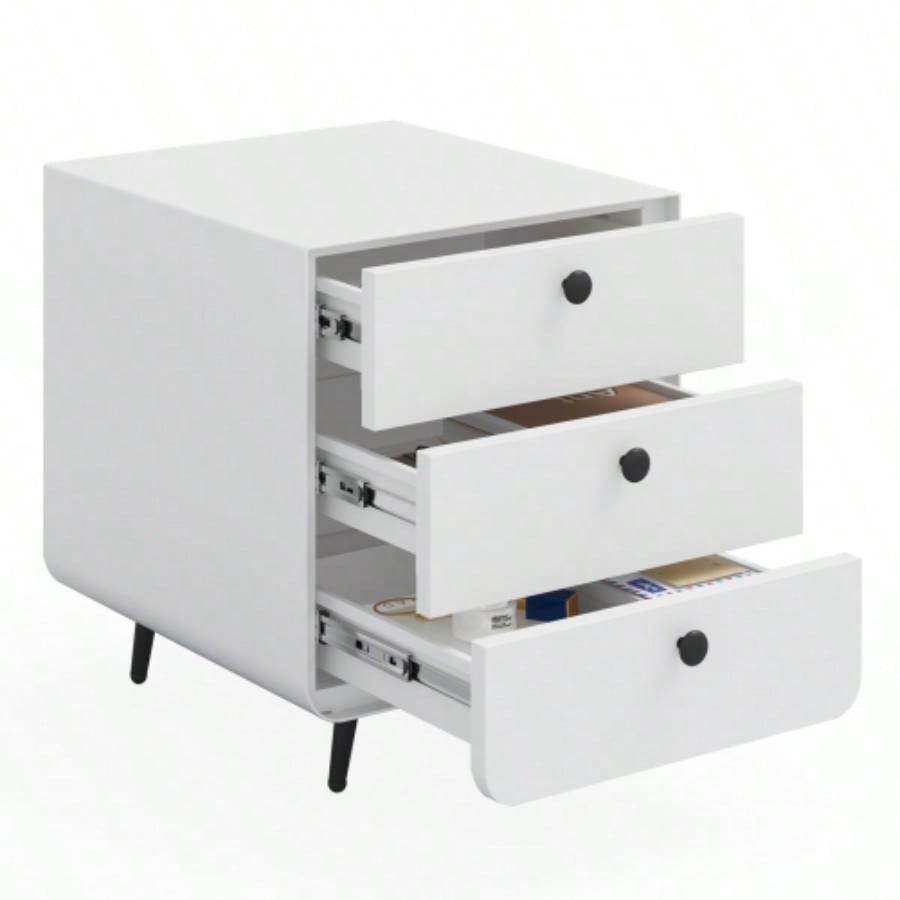 Modern Night Stand Storage Cabinet Living Room Bedroom, Steel Cabinet with 3 Drawers, Bedside Furniture, Circular Handle