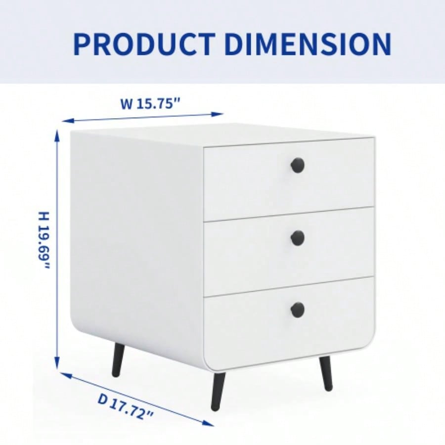 Modern Night Stand Storage Cabinet Living Room Bedroom, Steel Cabinet with 3 Drawers, Bedside Furniture, Circular Handle