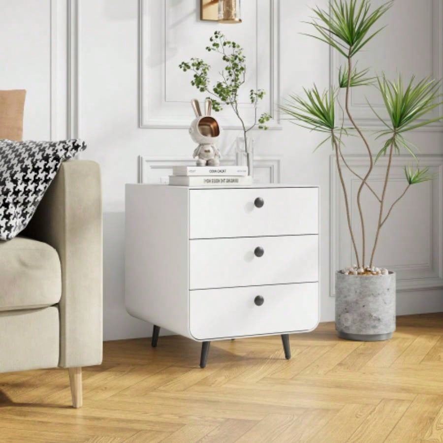 Modern Night Stand Storage Cabinet Living Room Bedroom, Steel Cabinet with 3 Drawers, Bedside Furniture, Circular Handle