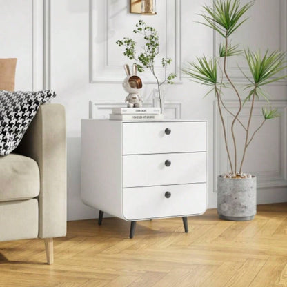 Modern Night Stand Storage Cabinet Living Room Bedroom, Steel Cabinet with 3 Drawers, Bedside Furniture, Circular Handle