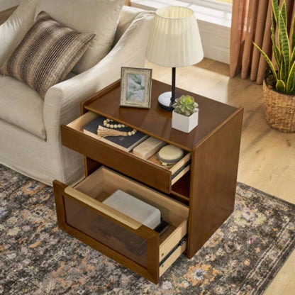 Mid Modern Nightstand with Charging Station Outlet Hole 2 Drawers, Farmhouse End Table with Open Shelf Glass Drawer Dresser, Side Cabinet Living Room Reception Room Dorm, Dark Walnut